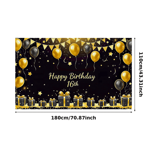 Black Gold Happy Birthday 16th Banner Background with Balloons Stars and Gifts Party Supplies Photography Props Birthday Decoration Party Decorations Backdrop