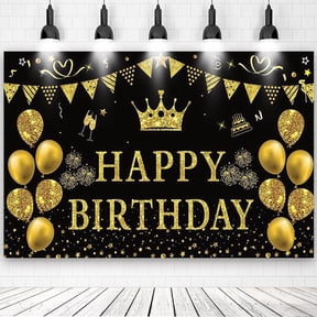Black Gold Happy Birthday Backdrop Banner, 71" x 43" Crown Balloon Photography Background with Metal Grommets & Hanging Rope for Birthday Party Decorations Photo Booth Props Cake Table Supplies