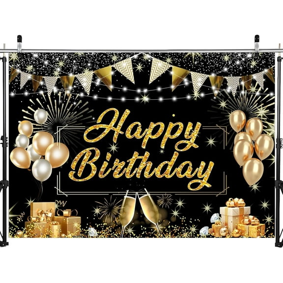 Black and Gold Happy Birthday Backdrop Decorations, Golden Balloon Glitter Star Large Poster, Shining Diamond Fireworks Banner for Birthday Party Photography Background, Photoshoot, Photo Booth, 7x5ft
