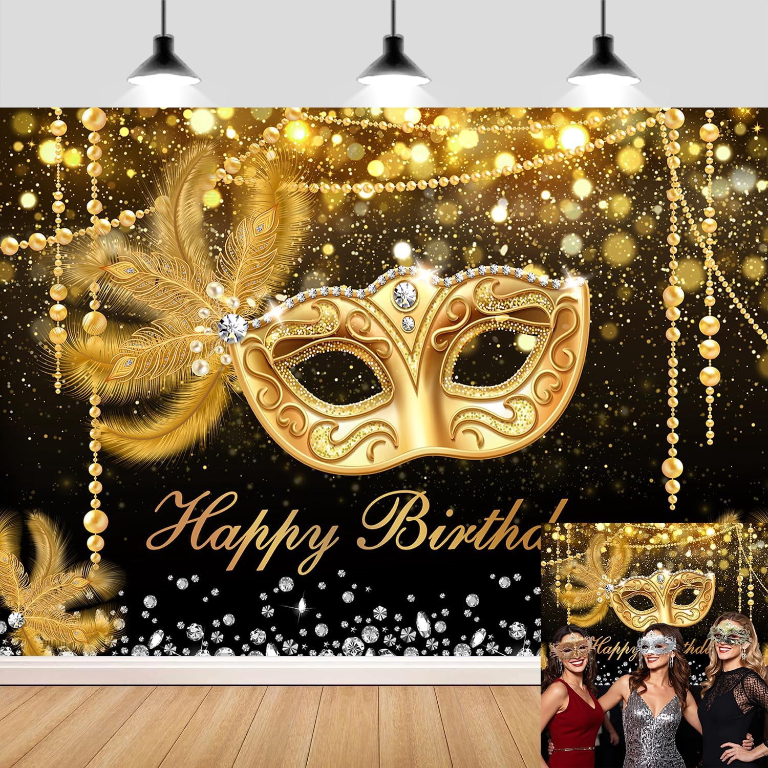 Black Gold Happy Birthday Backdrop Glitter Masquerade Mask Party ...