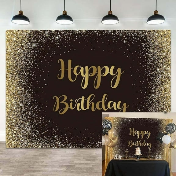 Black Gold Happy Birthday Backdrop Gold Glitter Spots Photography Background Adults Man Boy Birthday Party Table Wall Decoration Photo Shoot Booth Studio Props 7x5FT