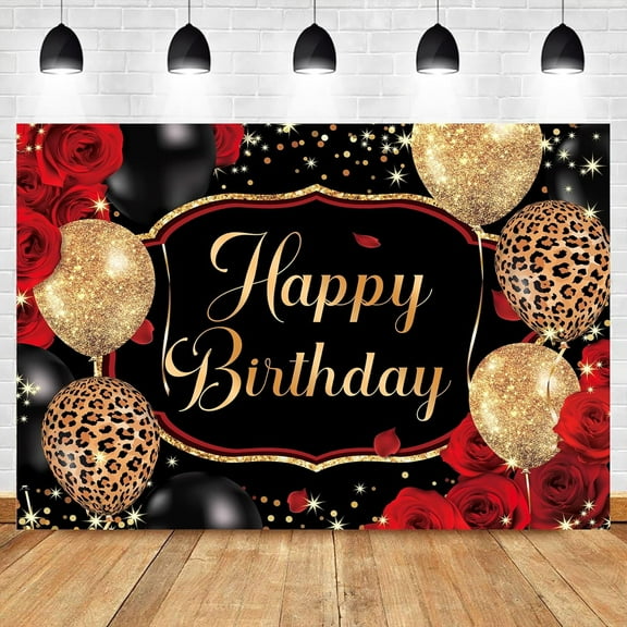 Black Gold Happy Birthday Backdrop Polyester Fabric Red Rose Leopard Balloons Party Banner 30th 40th 50th Event Abstract Celebration Photography Backgrounds Photo Shoot Props