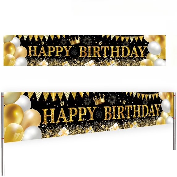 Black Gold Happy Birthday Banner for Outdoor Decoration Birthday Party Background Decor Bunting Polyester Banners Hanging Flags