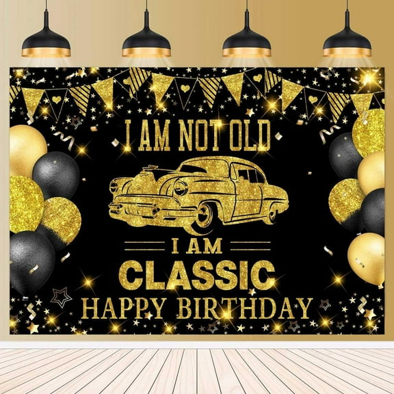 Black and Gold Happy Birthday Groovy Backdrop for Funny Adults Birthday Party Decorations Men I'm Not Old I'm Classic Photography Background Classic Car Birthday Party Decorations Banner