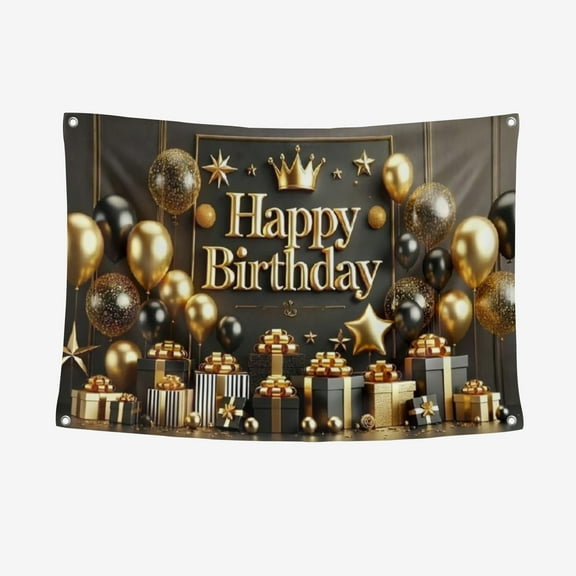 Black & Gold Happy Birthday Party Backdrop, Shiny Black Gold Birthday Celebration Banner, Birthday Party Decorations For Men
