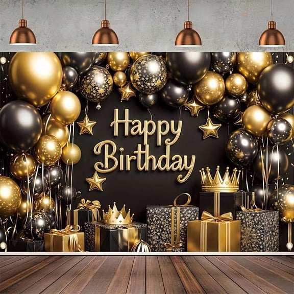 Black Gold Happy Birthday Party Decorations Backdrop, Golden Balloons Glitter Star Birthday Party Photo Background Banner Extra Large Wall Decor Props Party Supplies