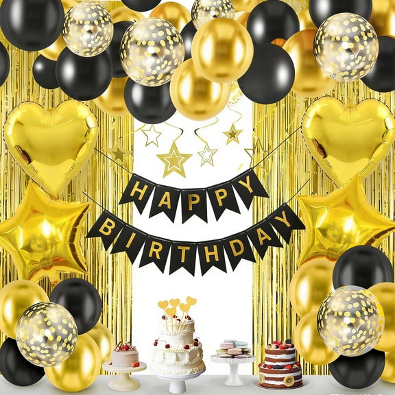Black Gold Happy Birthday Party Decorations, Happy Birthday Banner, Black Gold Foil Heart Star Confetti Balloons Curtain Backdrop Hanging Swirls Party Decor for Boys Men