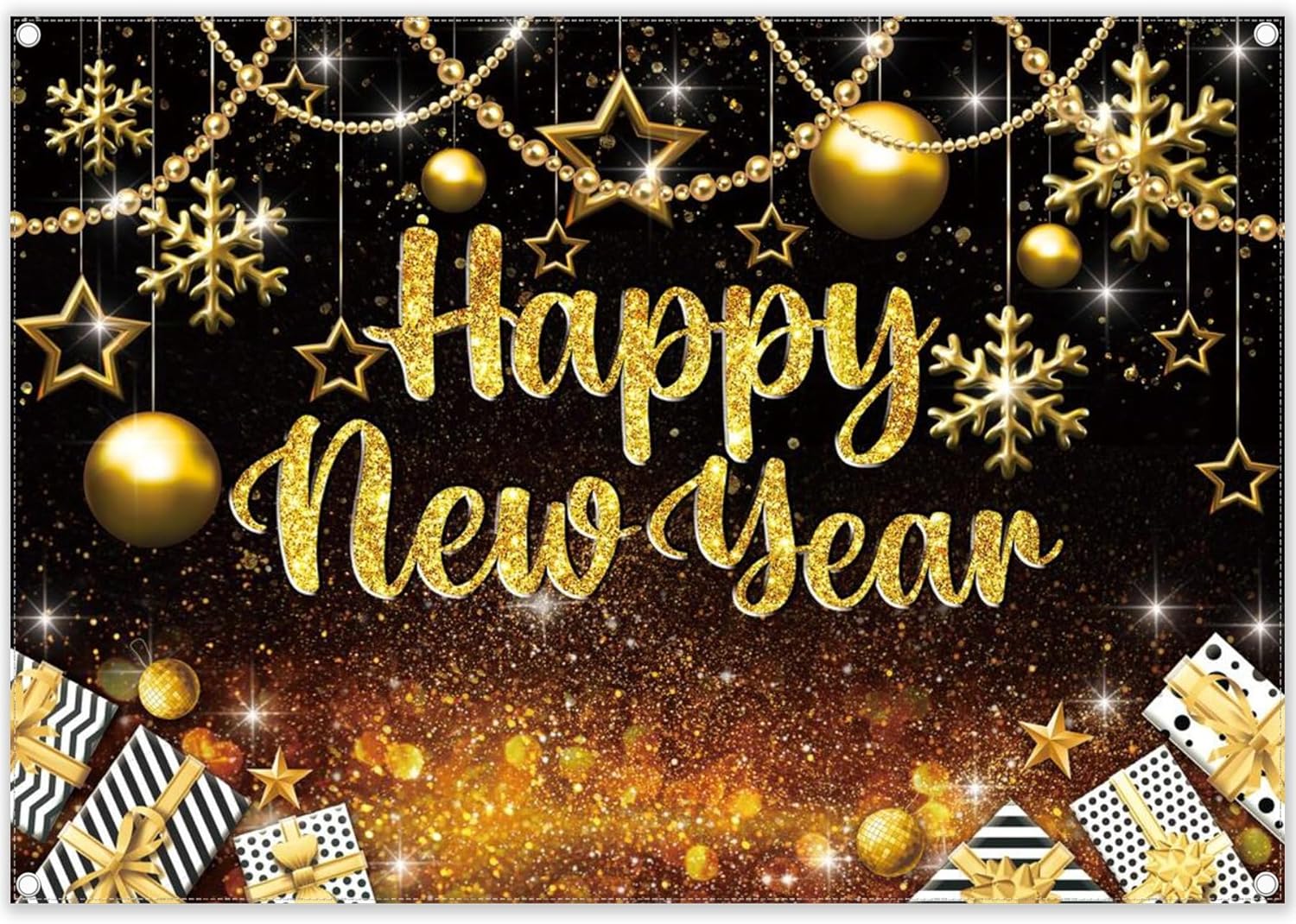 Black and Gold Happy New Year Backdrop Hello 2025 Kiss Me at Midnight ...