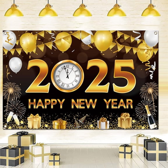 Black Gold Happy New Year Decorations Backdrop, provides a sturdy backdrop for photos and new year celebrations decorations