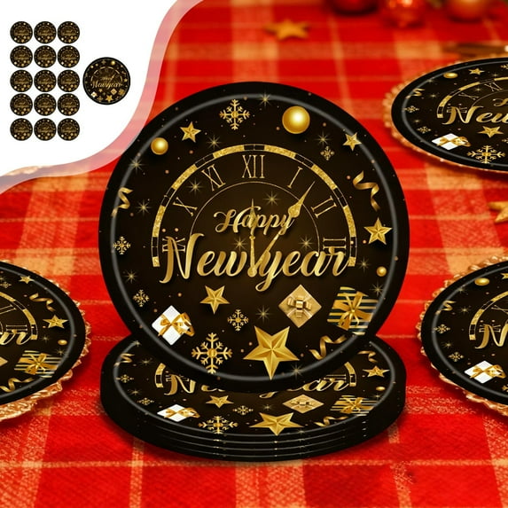 Black Gold Happy New Year Theme Party Tableware, Disposable 7-Inch 9-Inch Paper Plates Cups Tissue Set