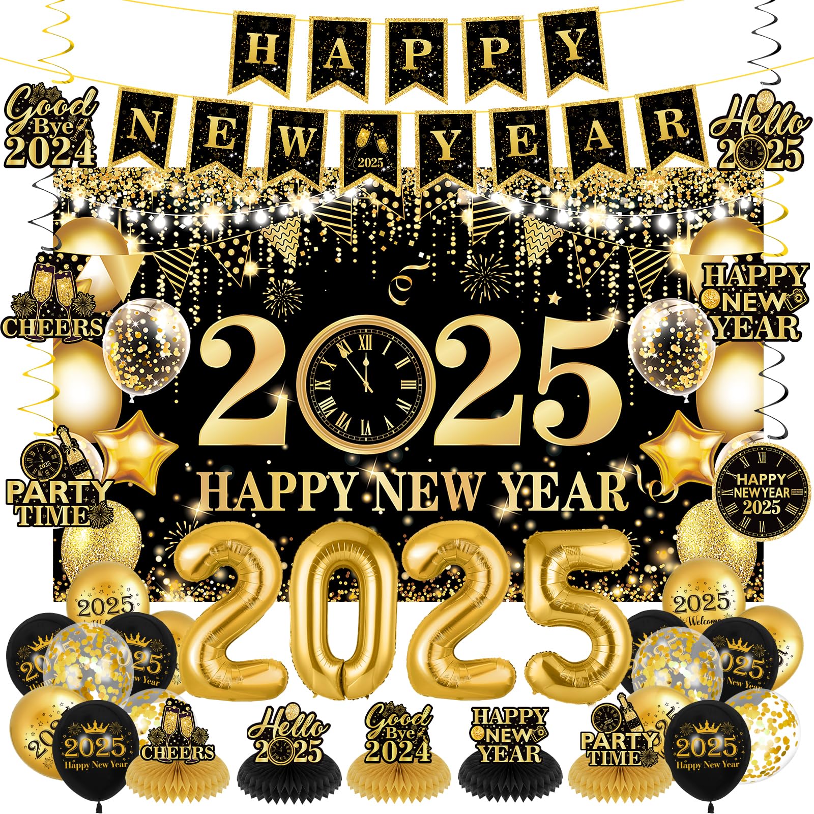 Happy New Year Banner – Color Glittery Star Bunting Garland, 10ft String, Party Decoration Hanging Sign