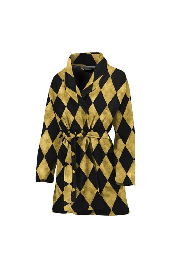 Black And Gold Harlequin Pattern Women Bathrobe One Size Univeral Fits, Checkered Caro Plaid Tartan Fashion Lightweight Plush Fleece Long Robe For Women