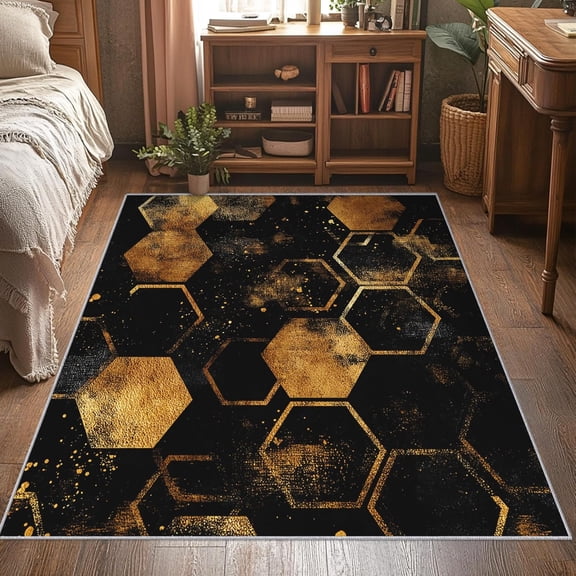 Black Gold Hexagon Area Rug, Geometric Honeycomb Pattern Carpet, Washable Non Slip Low Pile Soft Thin, Living Room Bedroom Home Decor Mat 2x3ft