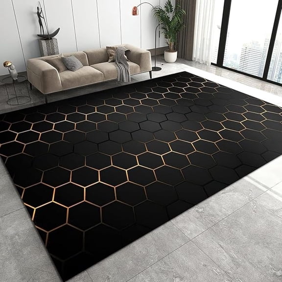 Black Gold Honeycomb Geometric Area Rug, Black Hexagon Geometry Non Slip Living Room Rug, Easy Care Stain Resistant Carpet For Indoor Bedroom Office Decor Mat 1x2ft