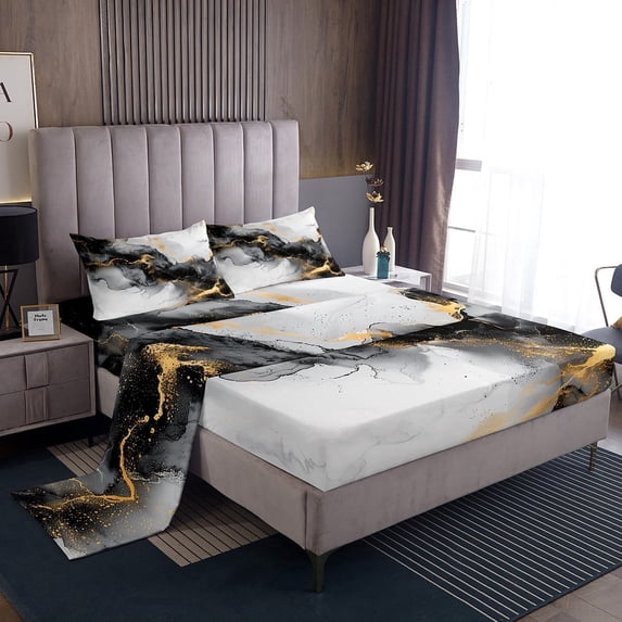 Black and Gold King Size Sheet Sets Watercolor Marble Sheets, Abstract Marbling Bedding Stone Pattern Bed Sheets Set, Mountain Fluid Foil Print Fitted Sheet