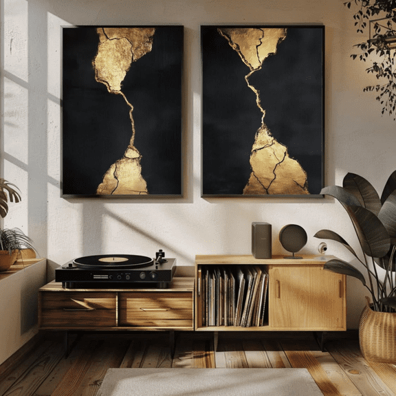 Black Gold Kintsugi Abstract Luxury Modern Poster Set 2 Prints Set 2 , Poster Only