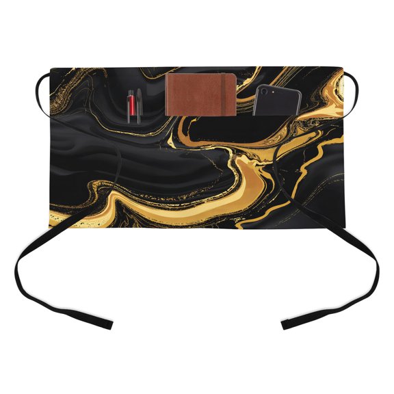 Black Gold Kitchen Restaurant Half Waist Apron, Marble Luxury Abstract Abstract Fluid Texture Server Short Apron with 3 Pockets Waterproof Oil Waist Aprons for Women Waitress Waiter