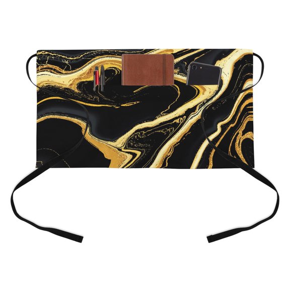 Black Gold Kitchen Restaurant Half Waist Apron, Marble Luxury Abstract Glitter Fluid Pattern Server Short Apron with 3 Pockets Waterproof Oil Waist Aprons for Women Waitress Waiter