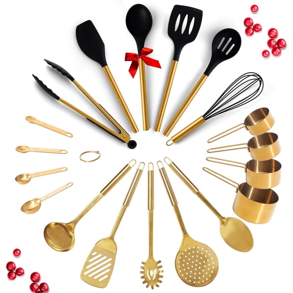 Black and Gold Kitchen Utensils Set - 19 PC Luxury Set Includes Stainless Steel Gold Cooking Utensils Set, Silicone Cooking Utensils, Gold Measuring Cups and Spoons
