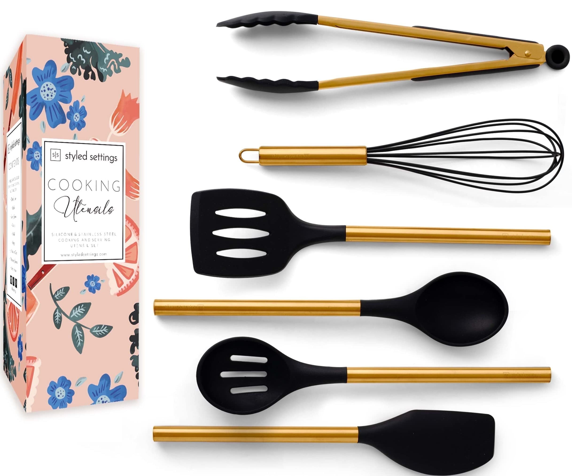 Black and Gold BPA-Free Silicone Cooking Utensils Set with Stainless Steel Handles