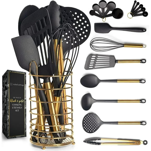 Black and Gold Kitchen Utensils Set with Stainless Steel Holder - 18-Piece Nylon Cooking Utensils with Measuring Cups and Spoons - Stylish Gold Kitchen Accessories for Baking and Cooking Y101