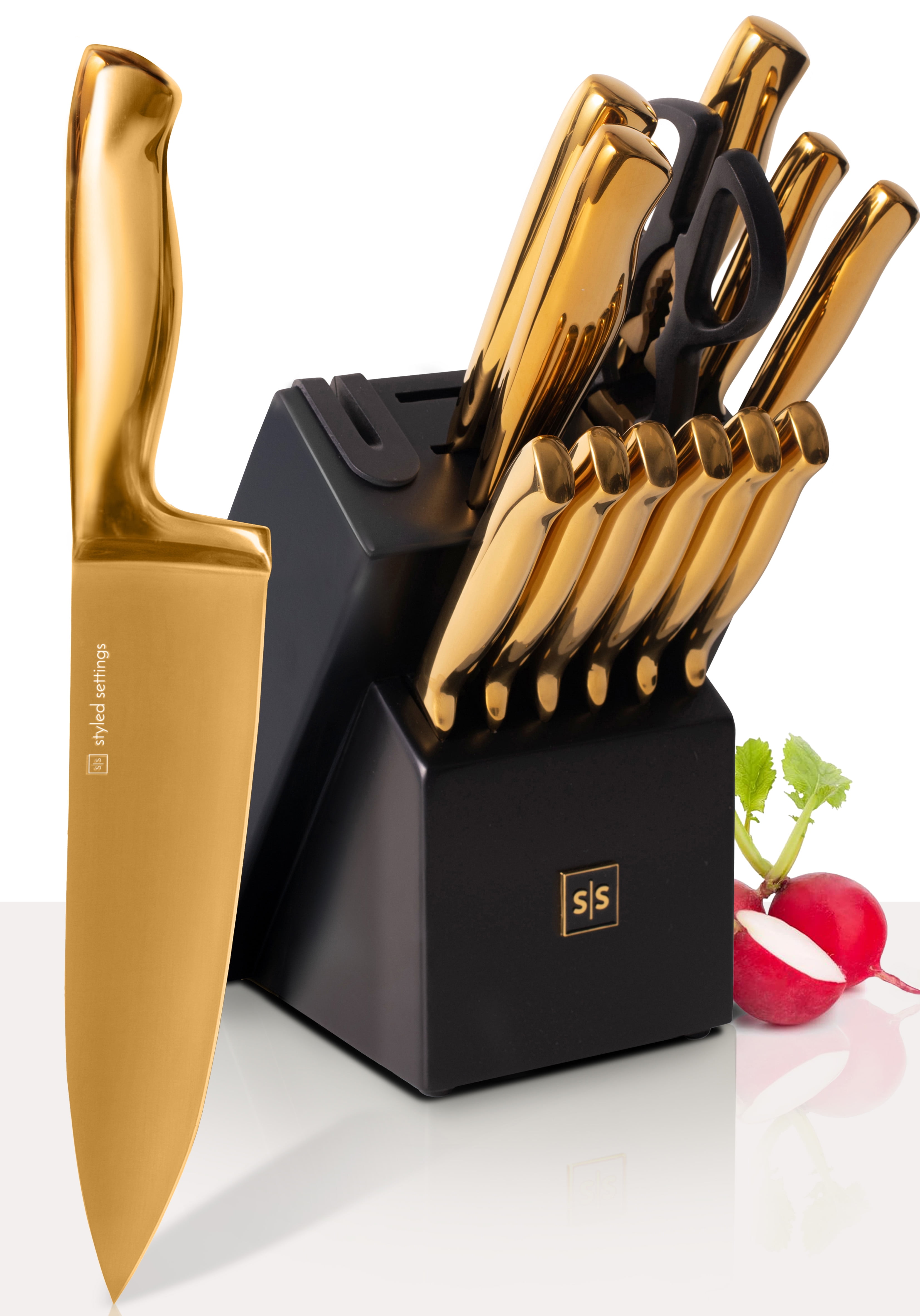 Black and Gold Knife Set with Block - 14 Piece Gold Knife Set with Sharpener Includes Full Tang Gold Knives and Self Sharpening Knife Block Set - Black and Gold Kitchen Accessories, Gold Kitchen Deco