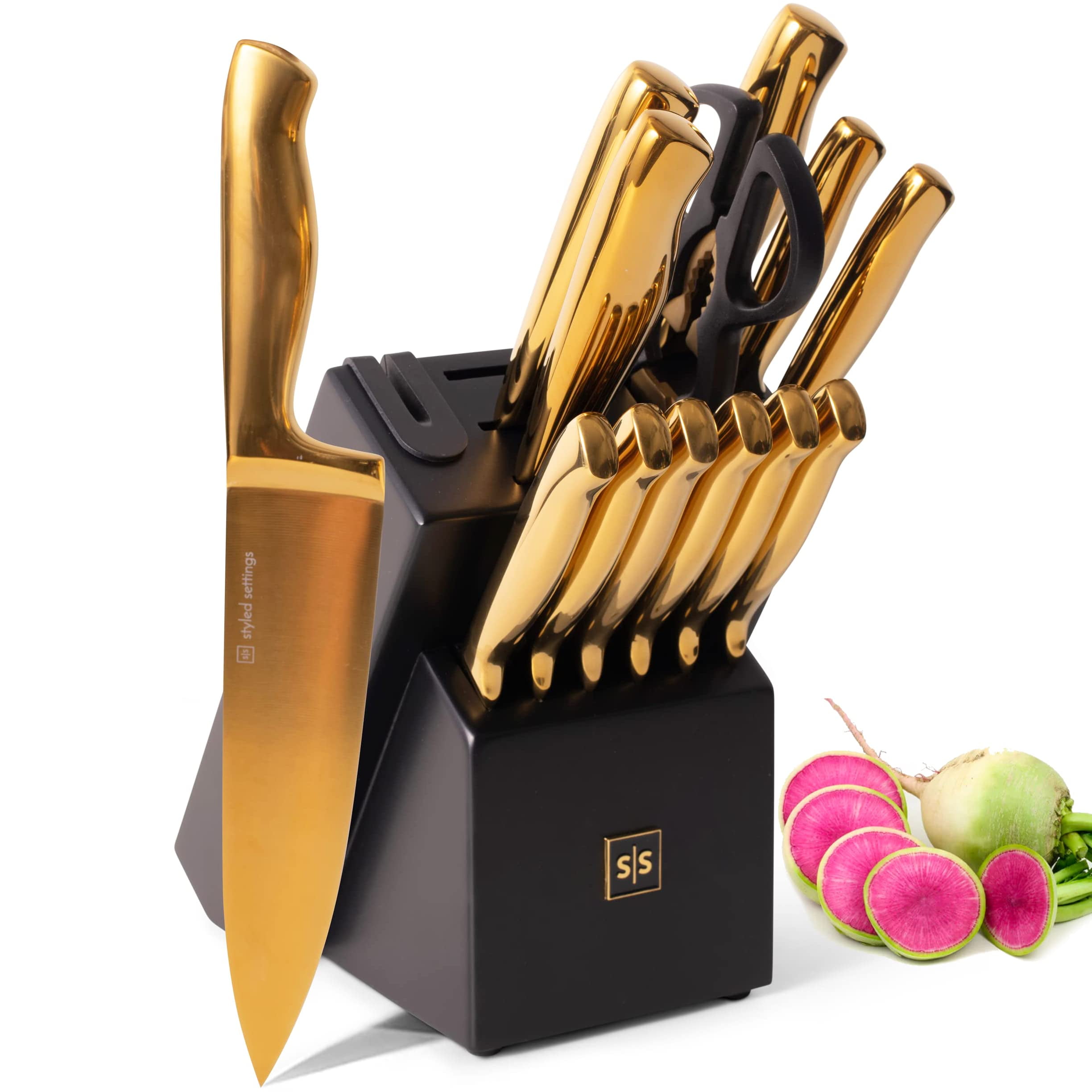 14Piece Black & Gold Knife Set with Block Full Tang Knives & Self