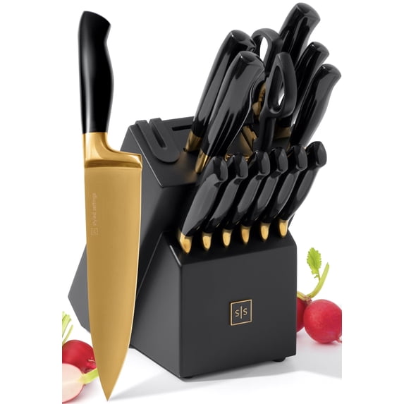 Black and Gold Knife Set with Sharpener- 14 PC Gold Knife Set with ...
