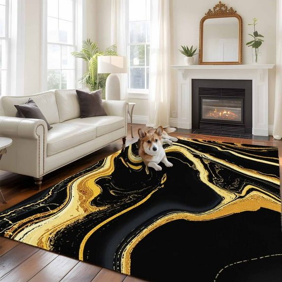 Black Gold Large Area Rugs 6x9 ft Marble Luxury Abstract Glitter Fluid Pattern Washable Rug Non Slip Indoor Carpet Absorbent Floor Mat for Living Room Bedroom Dining Room