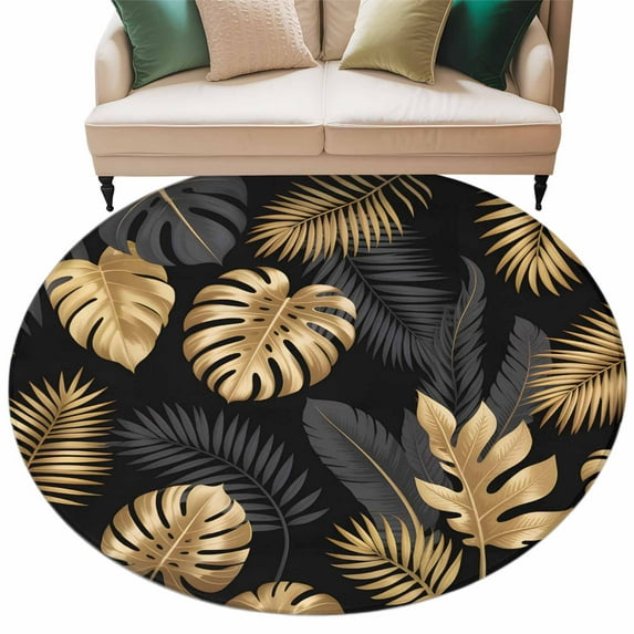 Black Gold Leaf Area Rug, Modern Luxury Gold Black Tropical Leaves Plants Washable Large Circle Carpet, Non Slip Round Rug for Living Room/Bedroom/Dining Room/Home Office/Dorm