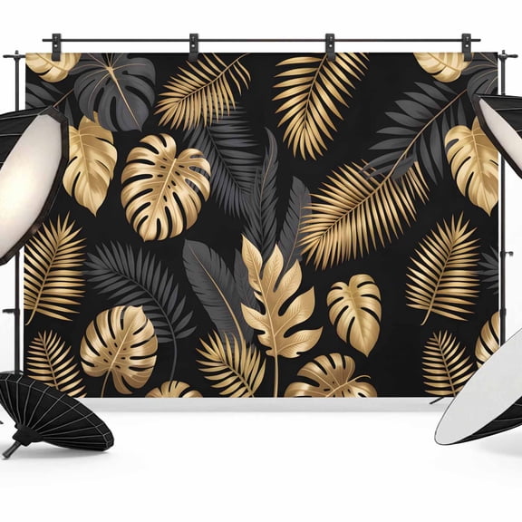 Black Gold Leaf Backdrop for Photography, Modern Luxury Gold Black Tropical Leaves Plants Photo Backdrop Portrait Background Party Banner Photo Backgrounds for Studio Booth Props, 7x5ft