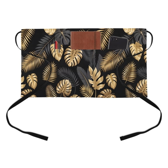 Black Gold Leaf Kitchen Restaurant Half Waist Apron, Modern Luxury Gold Black Tropical Leaves Plants Server Short Apron with 3 Pockets Waterproof Oil Waist Aprons for Women Waitress Waiter