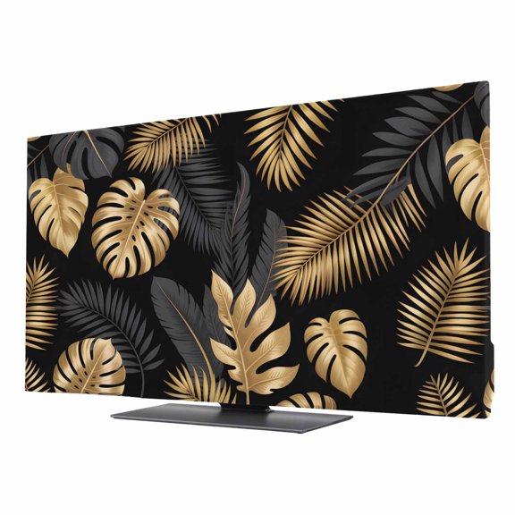 Black Gold Leaf TV Dust Cover 24 Inch, Modern Luxury Gold Black Tropical Leaves Plants Computer Monitor Cover Dustproof Stretchable Indoor TV Screen Protector for LED LCD Universal Monitors