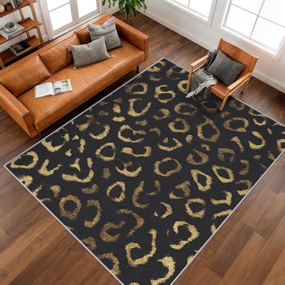 Black Gold Leopard Print Area Rug, Animal Cheetah Pattern Indoor Carpet, Washable Non Slip Low Pile Soft Thin Rug for Living Room Bedroom Home Decor Mat 2x3ft