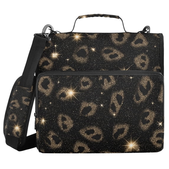 Black Gold Leopard Print with Glitter Binder Bag with Shoulder Strap 3 ...