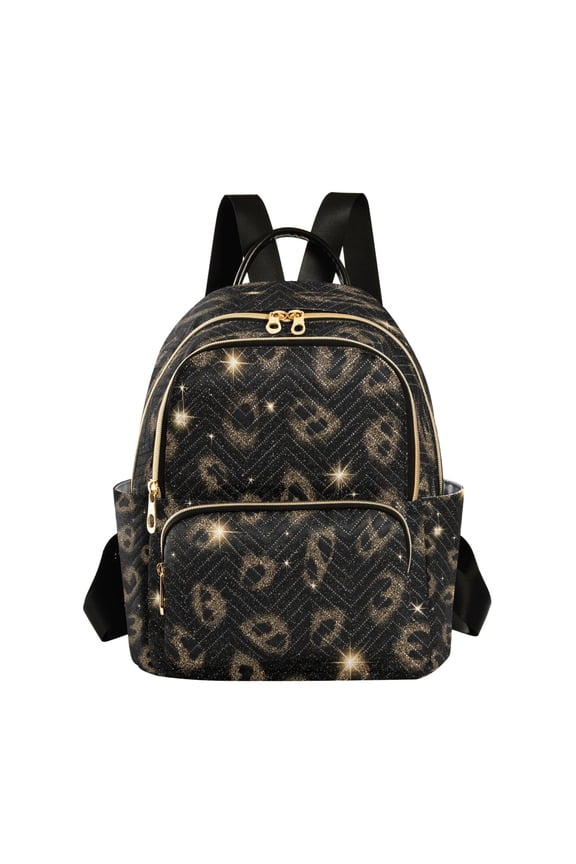 Black Gold Leopard Print with Glitter Quilted Backpack Fashion Daypack Commuter Bag for Women 8.5 L