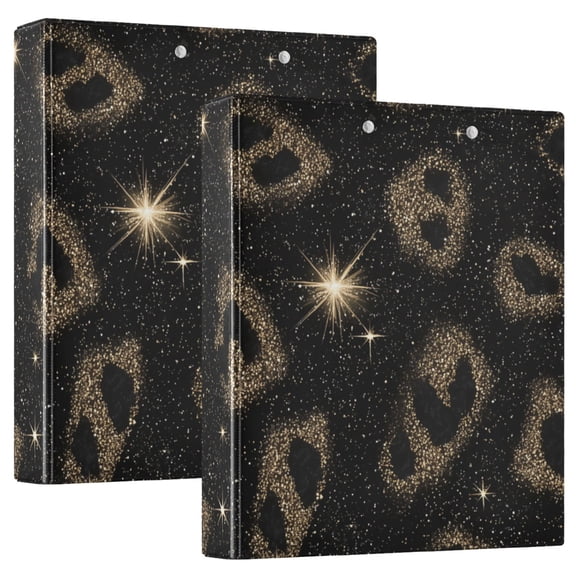 Black Gold Leopard Print with Glitter Round Ring Binder 3 Rings 1.5" Capacity File Storage for A4 Size 2 Pack