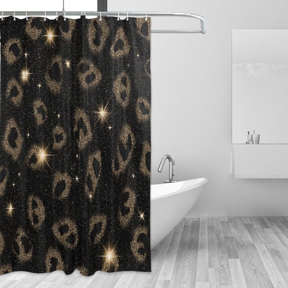 Black Gold Leopard Print with Glitter Shower Curtains with 12 Hooks Waterproof Bathroom Decor 66" x 72"