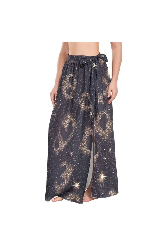 Black Gold Leopard Print with Glitter Women's Swimwear Cover Ups Strappy Beach Dress Sarong Wrap L