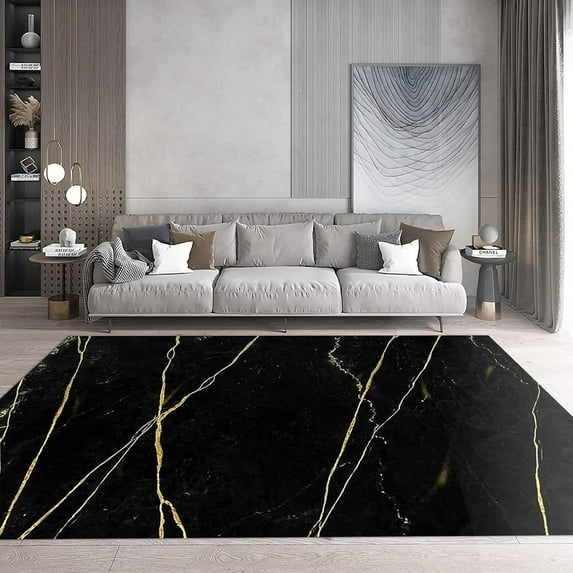 Black Gold Light Luxury Crack Area Rugs Simple Marble Washable Carpet Indoor Non Slip Machine Breathable Durable Front Entrance Floor Decor 5x6 Non-slip Soft Living Room Bedroom