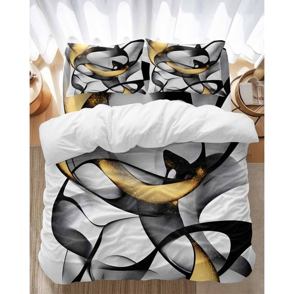 Black and Gold Line Bedding Duvet Cover Set Full Size 4 Pieces Abstract Art Modern Geometric Bedding Set with Zipper Closure, 1 Comforter Cover 86x86 Inches 1 Flat Sheet & 2 Pillow Cases