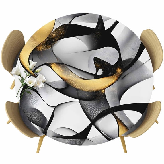 Black and Gold Line Round Fitted Table Cover Abstract Art Modern Geometric Waterproof Table Cloth with Elastic Edge Wipeable Tablecloth for Picnic Camping Party Fits 36"-44" Diameter