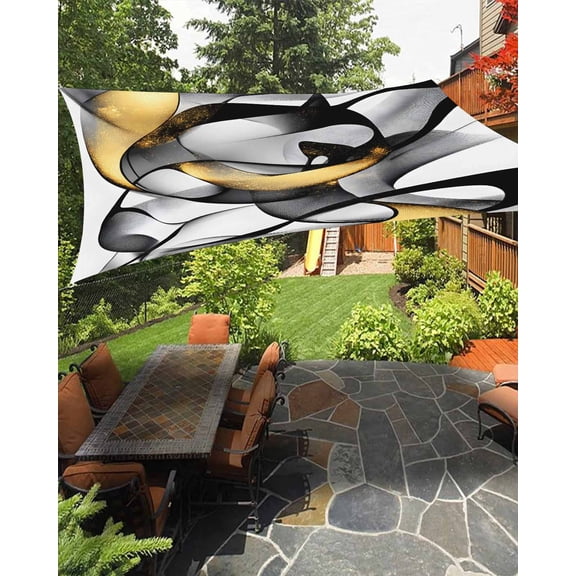 Black and Gold Line Waterproof Sun Shade Sail Abstract Art Modern Geometric Outdoor Patio Sun Shades Canopy UV Block Waterproof Sunshade for Garden Backyard Deck Pergola 6.5x10 Ft