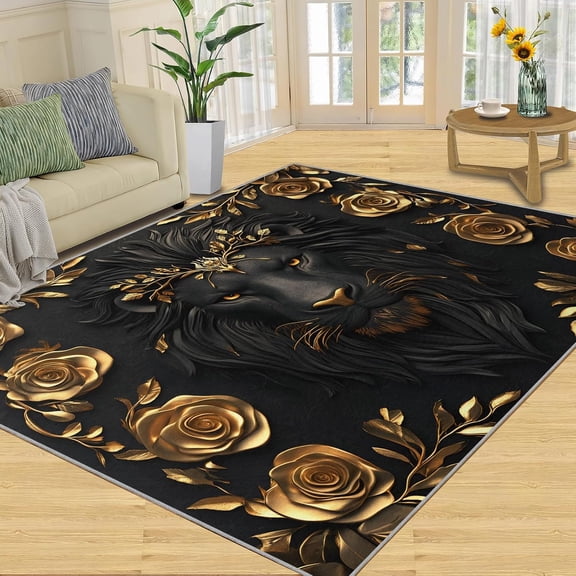 Black Gold Lion Area Rug, Floral Wildlife Washable Rug, Non Slip Low Pile Carpet for Living Room Bedroom Home Decor 2x3ft