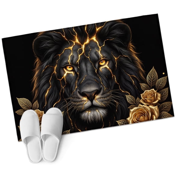 Black Gold Lion Prints Bathroom Rug Washable 2x3 Entryway Rug Non Slip Abstract Animals Chic Flowers Leaf Front Door Mat Low Pile Indoor Doormat Throw Floor Carpet for Kitchen Bedroom Entrance