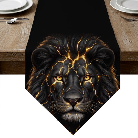 Black Gold Lion Prints Table Runner Linen Burlap Table Runner 36 Inches Small Abstract Animals Chic Flowers Leaf Dresser Scarves for Kitchen Island Coffee Dining Room Party Holiday Decor 13"x36"