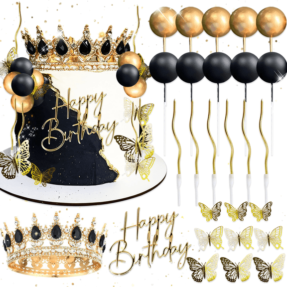 Black Gold Luxury Cake Decorations Set - Crown & Butterfly Design for Birthday Anniversary Party