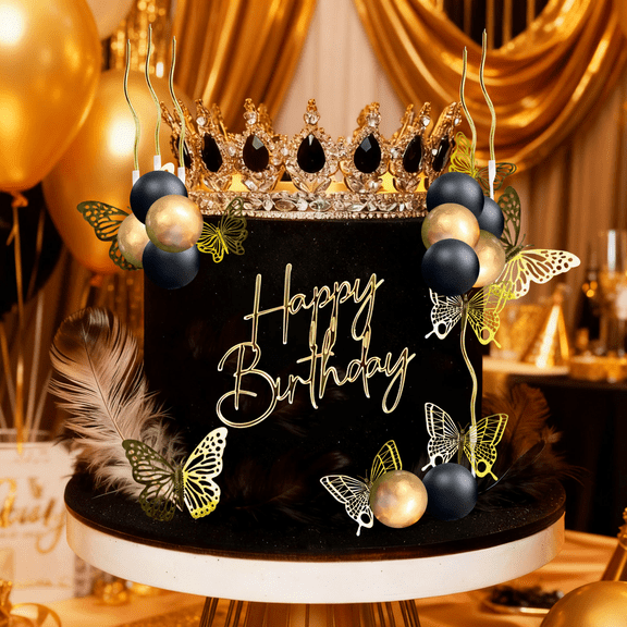 Elegant Black and Gold Modern Theme Cake Decoration Set - Crown and Butterfly Design Suitable for Birthday Celebrations and Wedding Anniversary Themed Parties