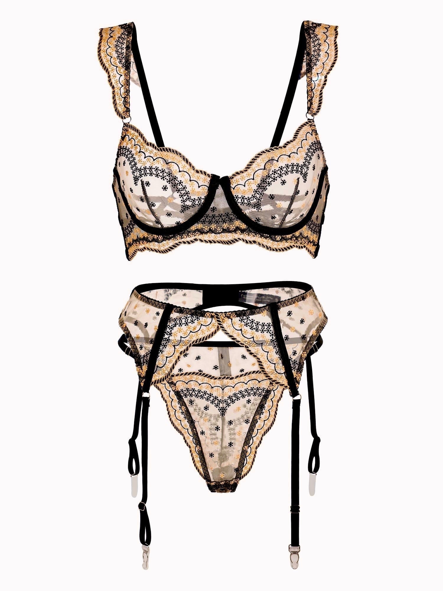 Black&Gold Luxury Lace Embroidered Lingerie Set (BLACK, XL)