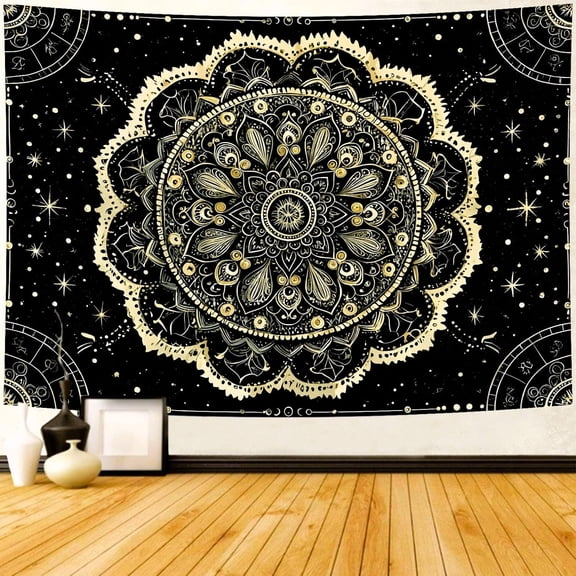 Black and Gold Mandala Tapestry Astrology Space Hippie Bohemian Floral Medallion Tapestry Wall Hanging Aesthetic Indian Psychedelic Headboard for Bedroom Living Room Home Decor (51.2" x 59.1")